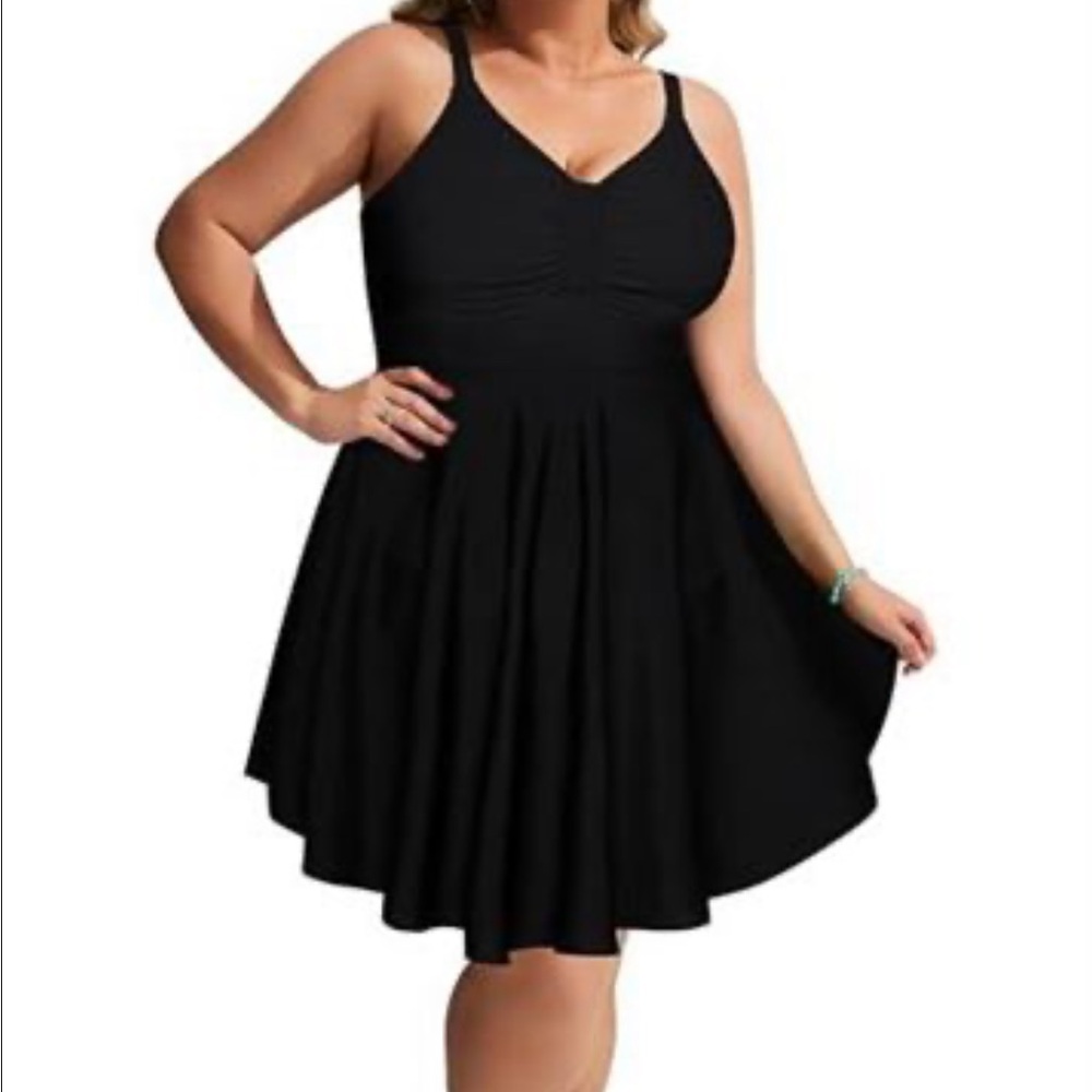 Plus-Size Black V-Neck One-Piece Swimdress